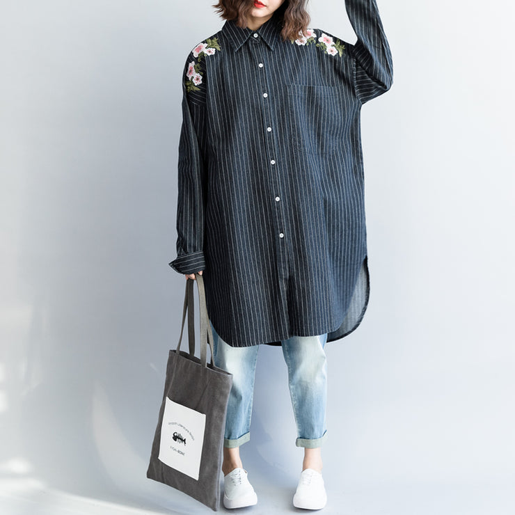 fashion outfit Refashion Turn-down Collar embroidery dark blue striped DIY cotton tops