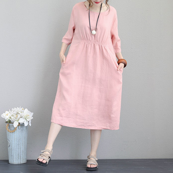 fashion pink natural linen dress plus size clothing tunic caftans 2018 bracelet sleeved kaftans