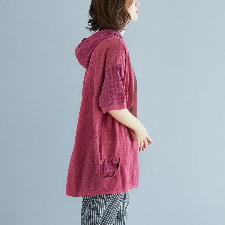 fashion pure linen blouse oversize Plaid Summer Short Sleeve High-low Hem Purple Hooded Blouse