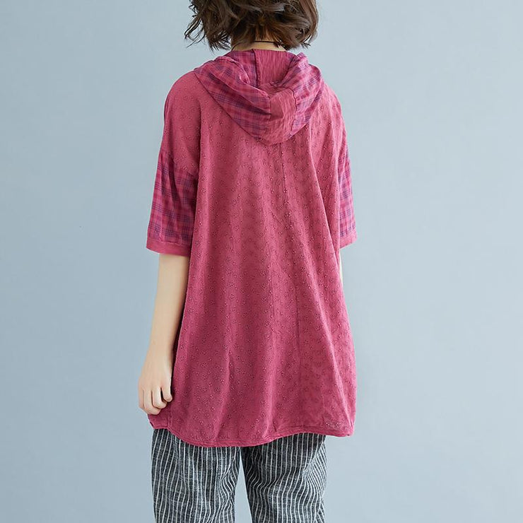 fashion pure linen blouse oversize Plaid Summer Short Sleeve High-low Hem Purple Hooded Blouse