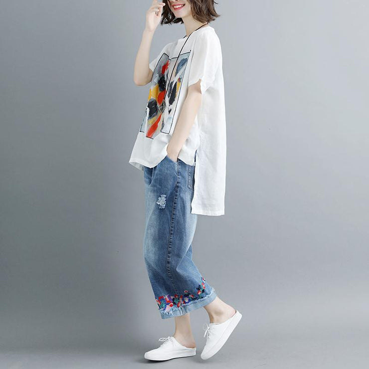 Mode-Bluse aus reinem Leinen plus Größe Lässige Sommer-Kurzarm-Schlitz-Rundhals-Weiß-Oberteile