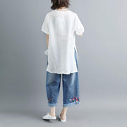 Mode-Bluse aus reinem Leinen plus Größe Lässige Sommer-Kurzarm-Schlitz-Rundhals-Weiß-Oberteile