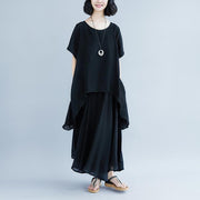 fashion pure linen tops oversized Casual Short Sleeve Black Pockets Fake Two-piece Dress