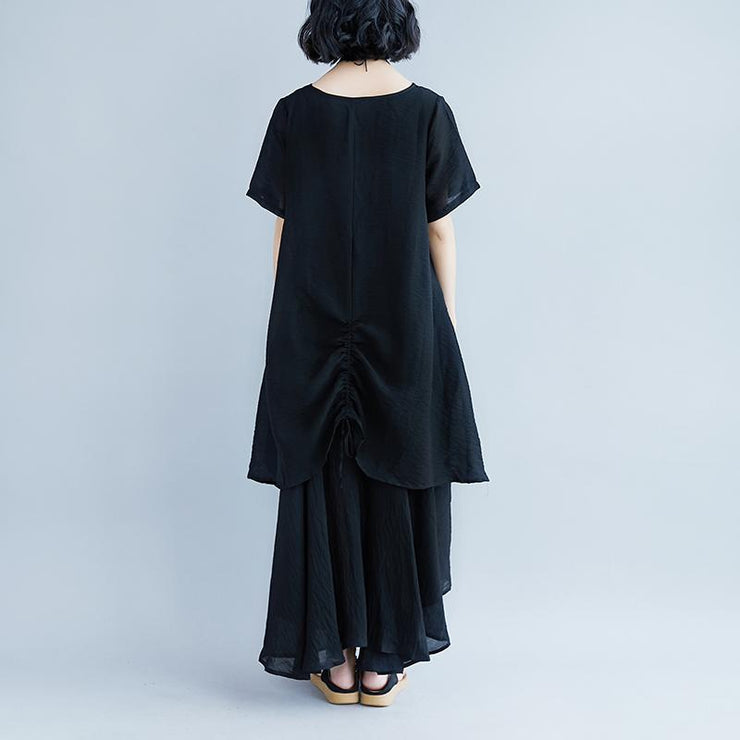 fashion pure linen tops oversized Casual Short Sleeve Black Pockets Fake Two-piece Dress