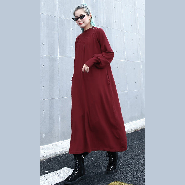 fashion red autumn plus size clothing stand collar traveling dress boutique pockets baggy dresses