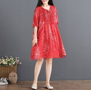 fashion red chiffon sundress V neck half sleeve party dress dotted baggy dresses drawstring summer dress