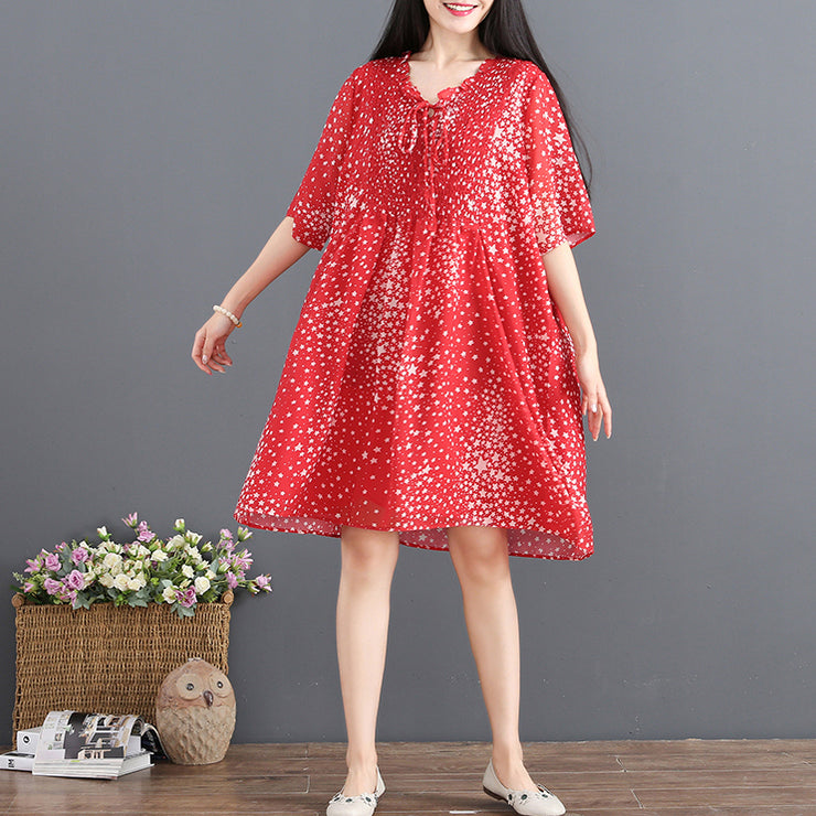Mode rotes Chiffon-Sommerkleid V-Ausschnitt Halbarm Partykleid gepunktete Baggy-Kleider Sommerkleid mit Kordelzug