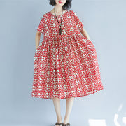fashion red linen knee dress oversized casual dress fine short sleeve floral o neck dresses