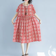 Mode rotes Kniekleid aus Leinen, übergroßes Freizeitkleid, feine Kurzarm-Blumenkleider mit O-Ausschnitt