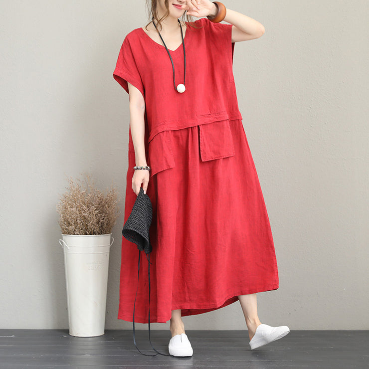 Mode rotes langes Leinenkleid Locker sitzende V-Ausschnitt Leinenkleidung Kleid Frauen zwei große Taschen Maxikleider