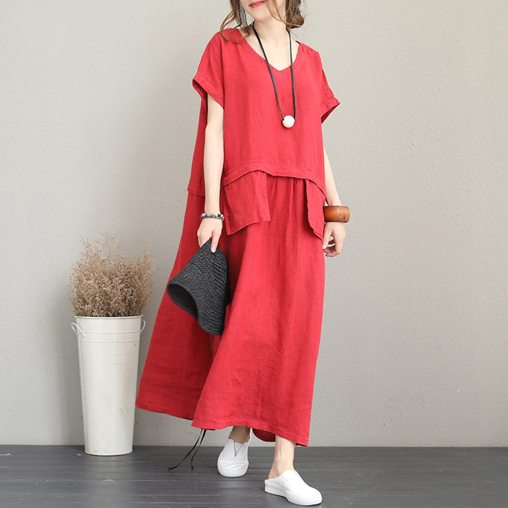 Mode rotes langes Leinenkleid Locker sitzende V-Ausschnitt Leinenkleidung Kleid Frauen zwei große Taschen Maxikleider