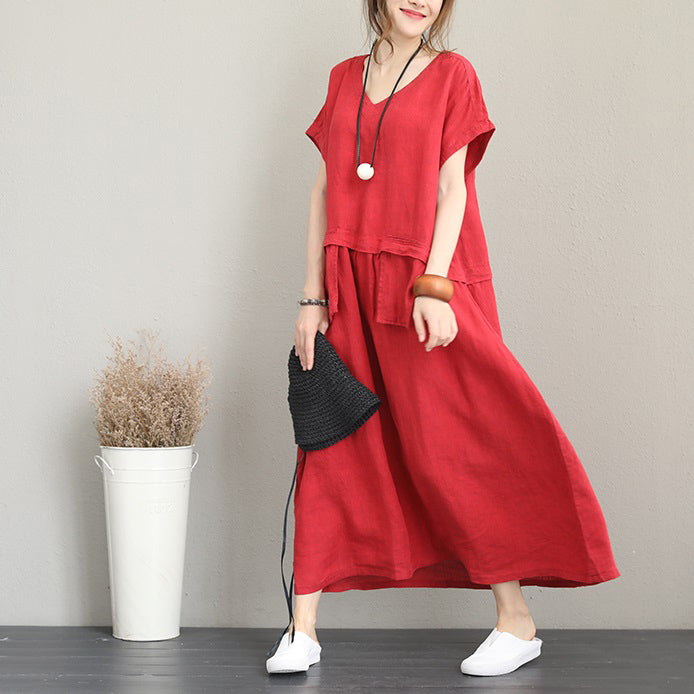 fashion red long linen dress Loose fitting v neck linen clothing dress women two big pockets maxi dresses