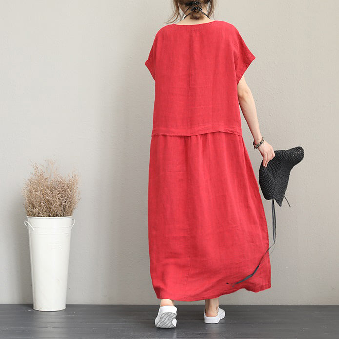 fashion red long linen dress Loose fitting v neck linen clothing dress women two big pockets maxi dresses