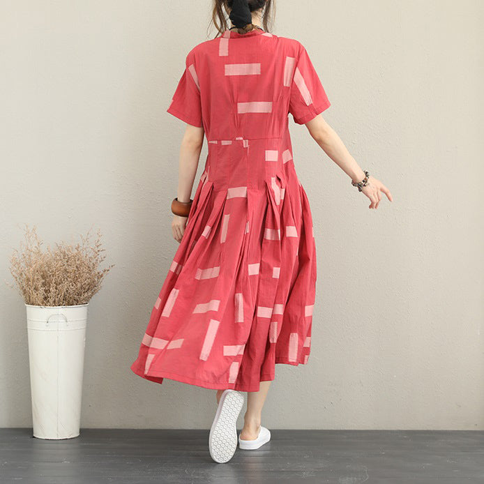 fashion red natural cotton shirt dress casual stand collar traveling clothing fine big hem gown