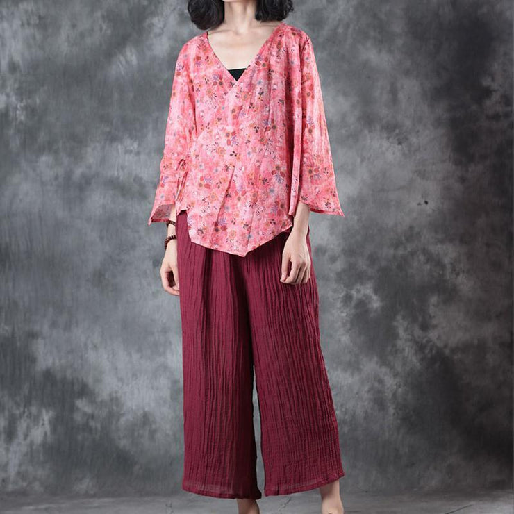 fashion red print linen t shirt plus size clothing linen clothing blouses New half sleeve v neck tie waist linen clothing tops