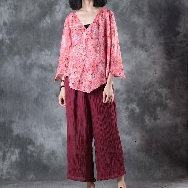 fashion red print linen t shirt plus size clothing linen clothing blouses New half sleeve v neck tie waist linen clothing tops