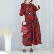 fashion red prints long cotton dresses Loose fitting back tie waist caftans New o neck kaftans