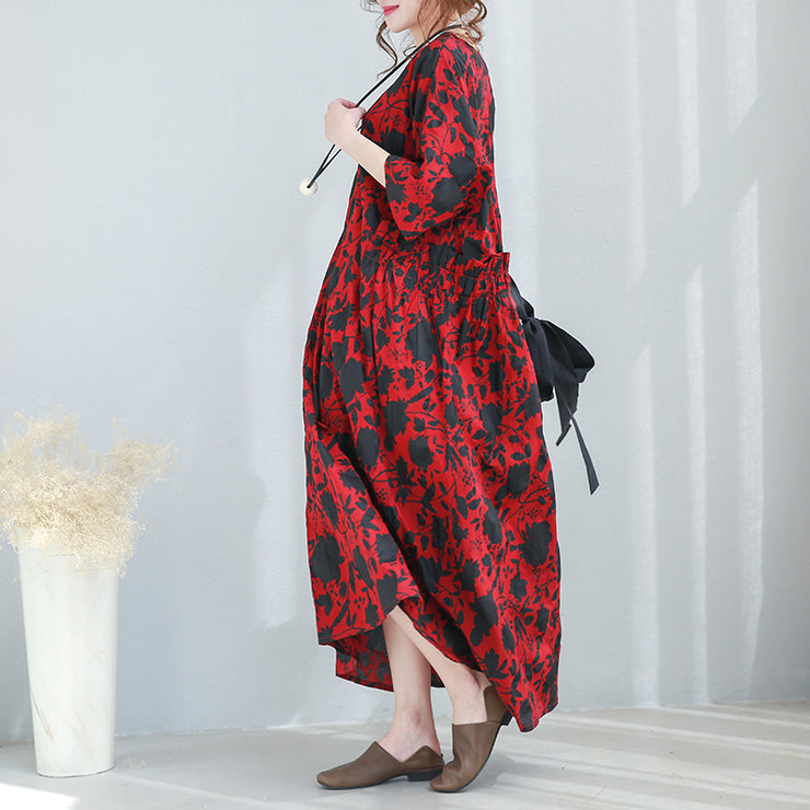 fashion red prints long cotton dresses Loose fitting back tie waist caftans New o neck kaftans