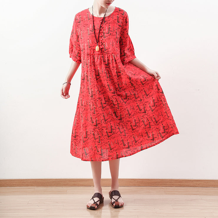 fashion red prints long linen dress casual half sleeve linen clothing dresses women o neck kaftans