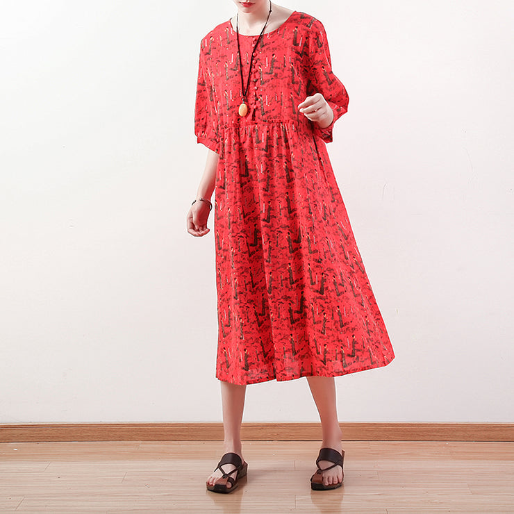 fashion red prints long linen dress casual half sleeve linen clothing dresses women o neck kaftans