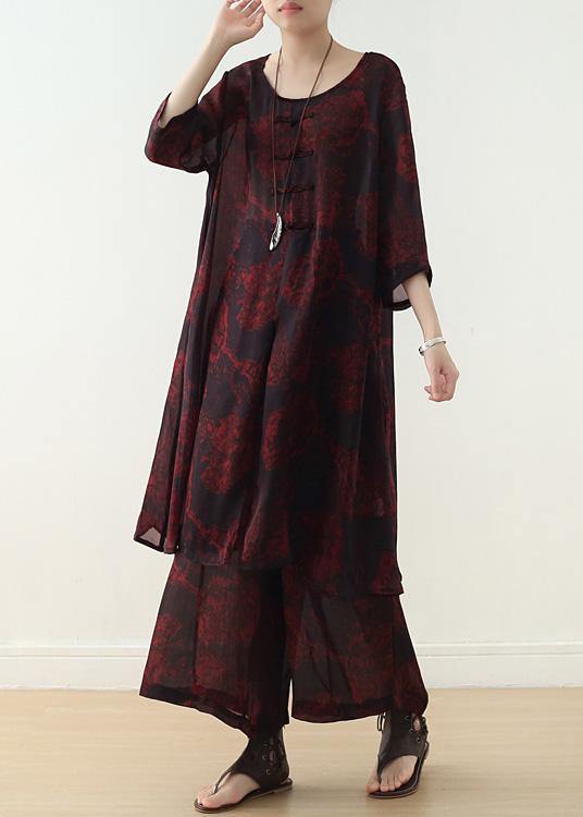 fashion red prints two pieces bracelet sleeved dress and wide leg pants - SooLinen