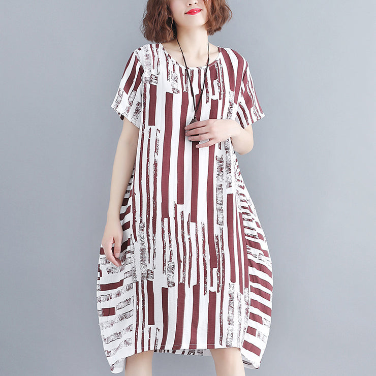 Mode rotes Kleid aus reiner Baumwollmischung plus Größe Urlaubskleider Frauen Kurzarm Geometrischer O-Ausschnitt asymmetrische Baumwollmischkleidung