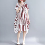fashion red pure cotton blended dress plus size holiday dresses women short sleeve Geometric O neck asymmetric cotton blended clothing