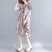 fashion red pure cotton blended dress plus size holiday dresses women short sleeve Geometric O neck asymmetric cotton blended clothing