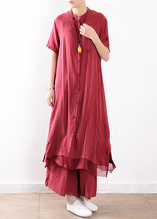 fashion red striped casual silk shirt dress and elastic waist wide leg pants two pieces