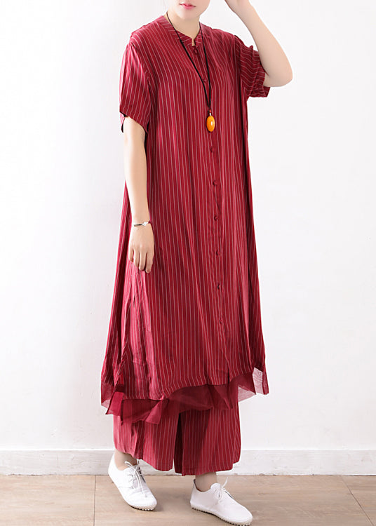 fashion red striped casual silk shirt dress and elastic waist wide leg pants two pieces