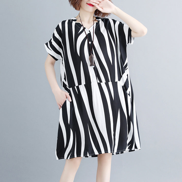 fashion striped cotton linen dresses plus size short sleeve gown 2018 v neck cotton linen dress