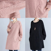 fashion warm pink corduroy mid shift dresses oversize big pockets knit dress
