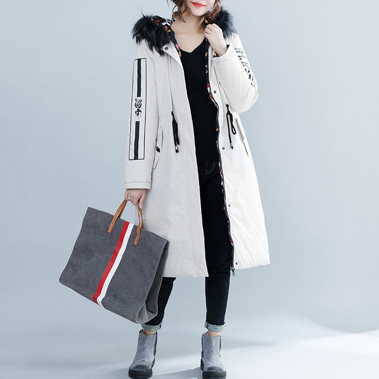 fashion white Parka Loose fitting hooded fur collar Letter quilted coat Casual tie waist pockets cotton coats