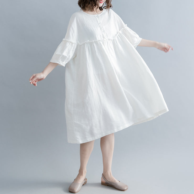 fashion white cotton linen knee dress plus size clothing cotton linen clothing dresses New lantern sleeve Cinched o neck baggy dresses