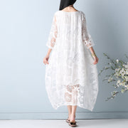 fashion white hollow out maxi dresses o neck Half sleeve summer dress asymmetric summer maxi dress