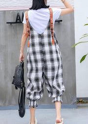 fashion women casual cotton plaid jumpsuit pants plus size cartoon print strap pants - SooLinen