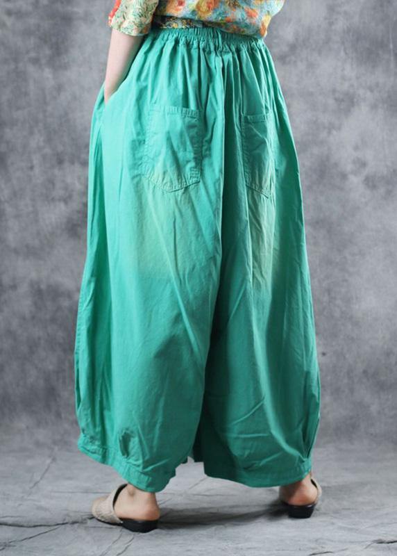 fashion women cotton green crop pants plus size elastic waist wide leg pants - SooLinen
