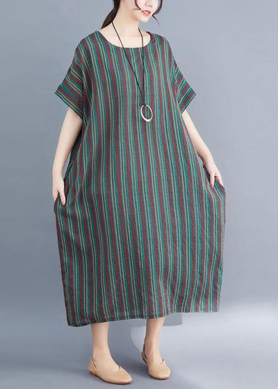 fashion women green striped o neck summer dress - SooLinen
