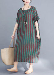 fashion women green striped o neck summer dress - SooLinen