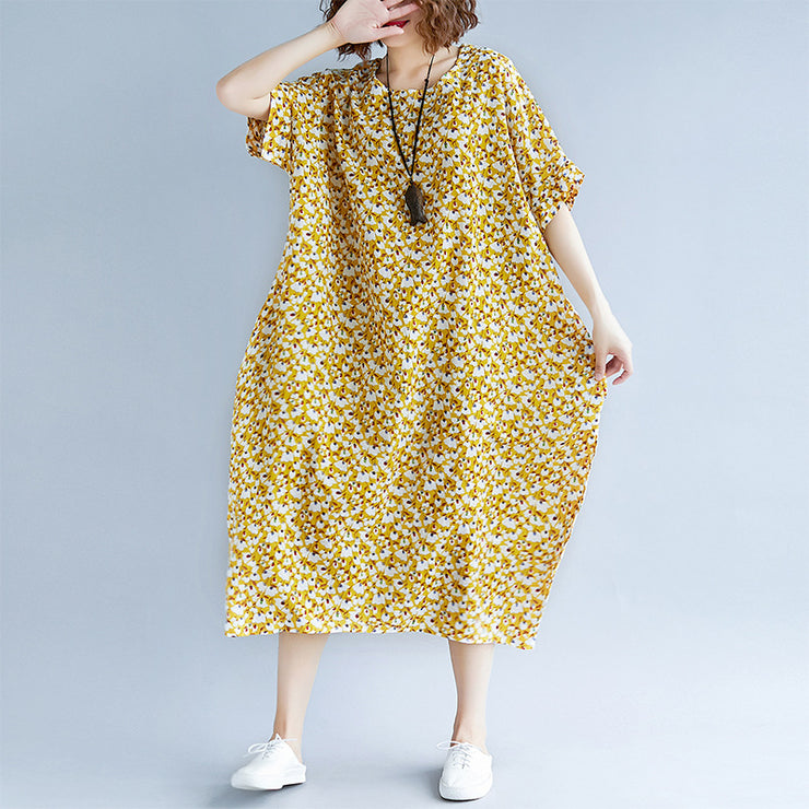 fashion yellow cotton linen dresses casual print short sleeve cotton gown fine o neck dresses