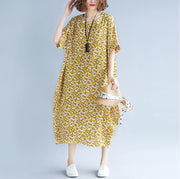 fashion yellow cotton linen dresses casual print short sleeve cotton gown fine o neck dresses