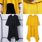fashion yellow linen Vest plusize shirts casual low high design hooded linen t shirt