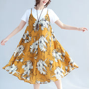 fashion yellow prints Midi-length chiffon sleeveless dress plus size traveling dress and cotton tops casual two pieces