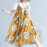 Mode gelbe Drucke Ärmelloses Kleid aus Chiffon in Midilänge plus Größe Reisekleid und Baumwolloberteile lässig zweiteilig