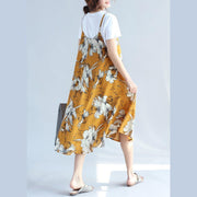 fashion yellow prints Midi-length chiffon sleeveless dress plus size traveling dress and cotton tops casual two pieces