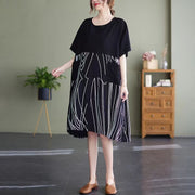 fashion black Midi cotton dresses plus size clothing casual dress patchwork o neck short sleeve cotton dress
