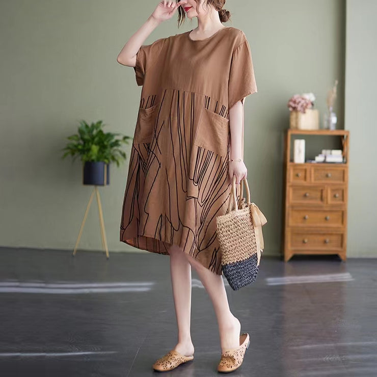 Mode schwarz Midi-Baumwollkleider plus Größenkleidung Freizeitkleid 2018 Patchwork-O-Ausschnitt Kurzarm-Baumwollkleid