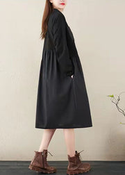 fashion black striped natural cotton linen dress plus size shirt dress vintage long sleeve side open Stand baggy dresses