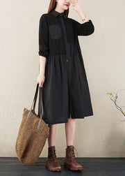 fashion black striped natural cotton linen dress plus size shirt dress vintage long sleeve side open Stand baggy dresses