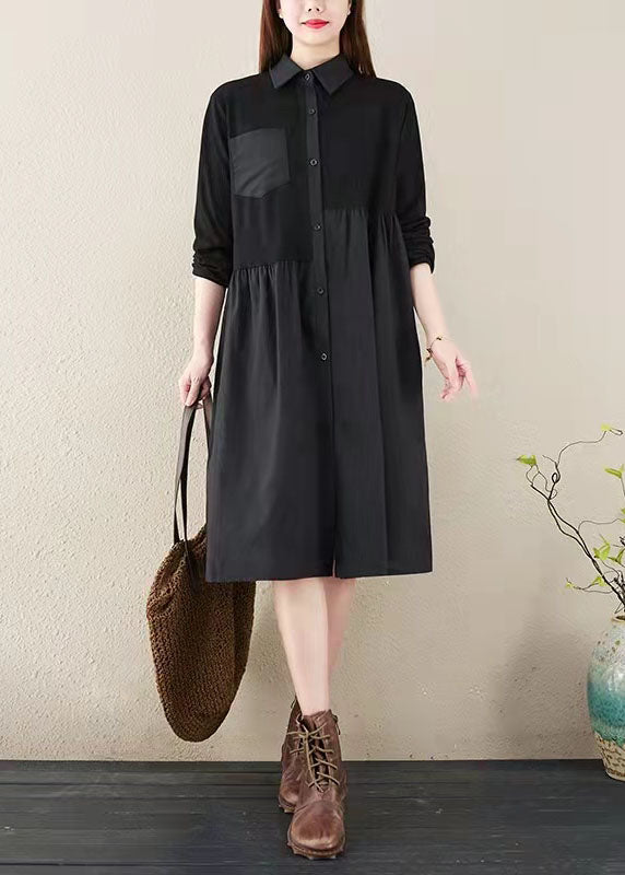 Mode schwarz gestreiftes natürliches Baumwoll-Leinen-Kleid plus Größe Hemdkleid Vintage lange Ärmel Seite offen Stand Baggy-Kleider